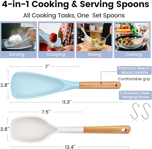 Miniatura 4 de Juego de cucharas de cocina de silicona grandes, 2 cucharas de servir resistentes al calor, cuchara de espátula antiadherente multifunción,