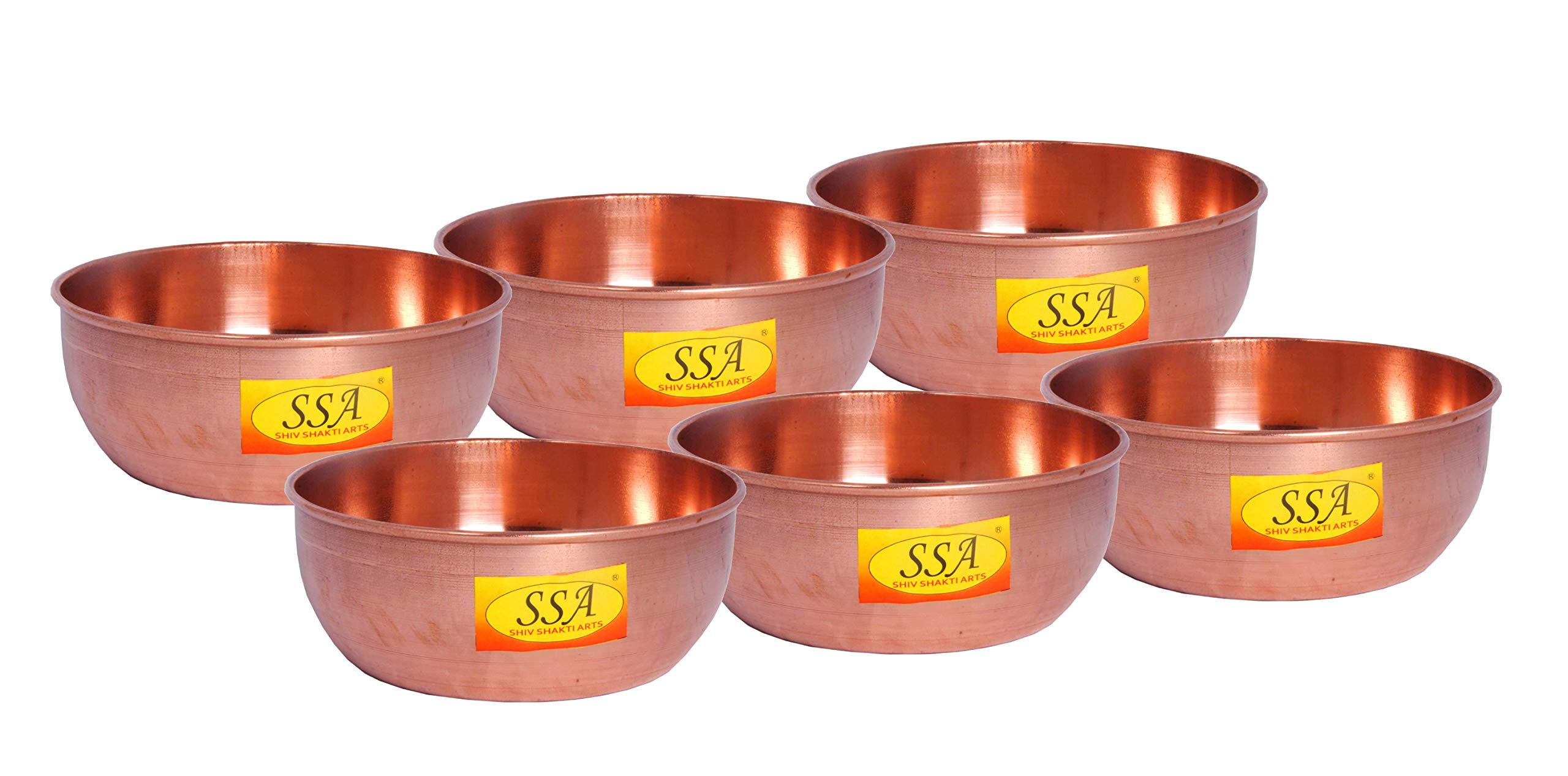 Shiv Shakti Arts Pure Copper Bowl | Katori | Serving Dessert Bowl Set - for Serving Food, Tableware - (Big Plane Katora Design, Vol - 400 ML Each) Set of 6 Pcs