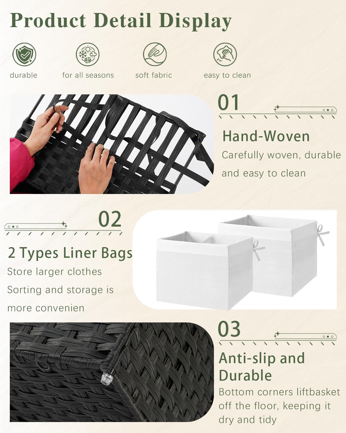 Storage Basket with Lid Rattan Woven Storage Baskets with 2 Separate Lids, 17.2 Gallon (65 L), Wicker Storage Bins Foldable, 2 Removable Liner Bags Handles for Bedroom, Laundry Room Black