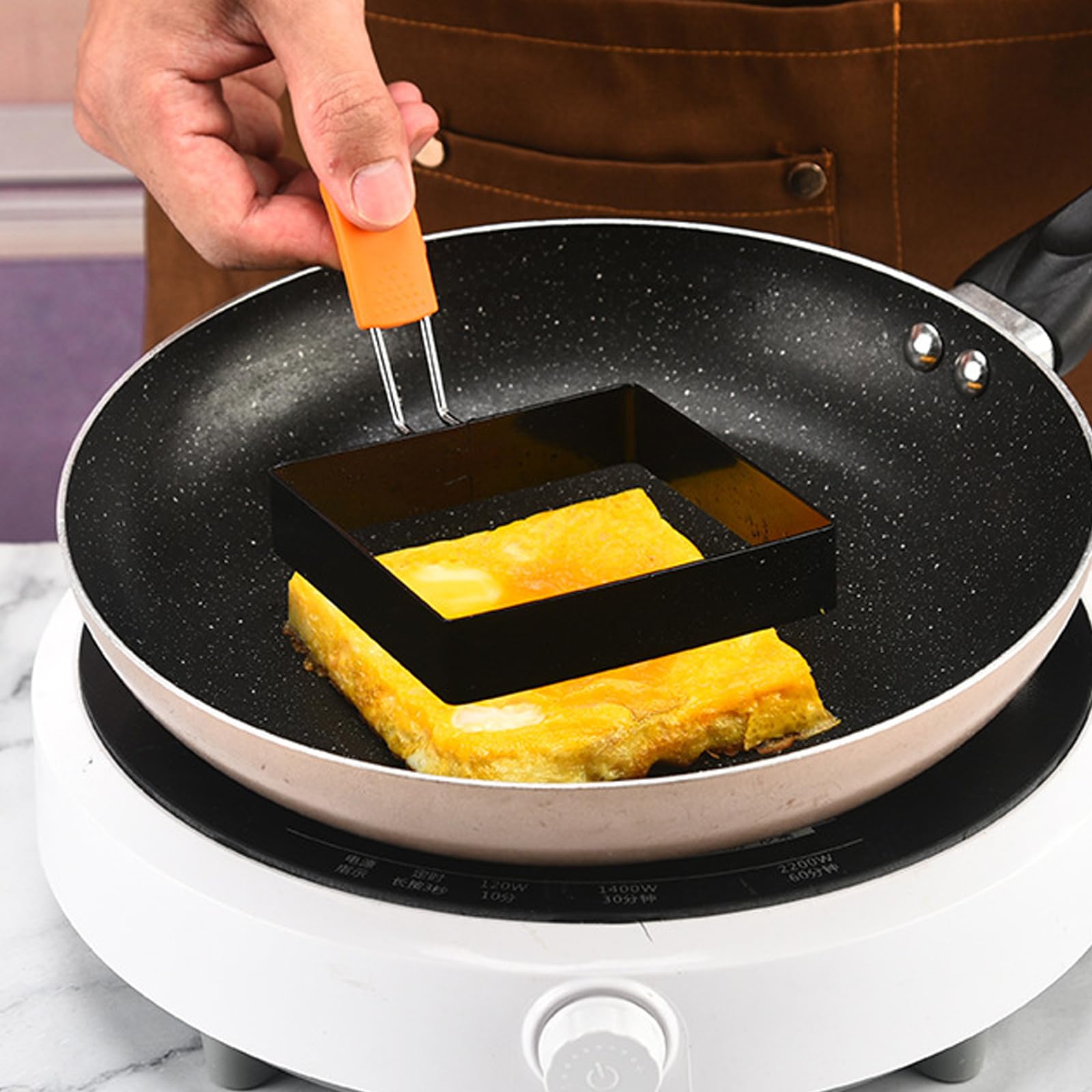 4 anillos cuadrados grandes para huevos cuadrados de 4 pulgadas para freír huevos a la plancha, molde cuadrado de acero inoxidable antiadherente de 4 pulgadas, molde cuadrado para tortitas con mango 5