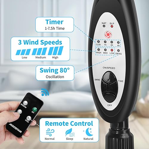Miniatura 4 de Aigostar Ventilador de pedestal de 9 aspas con control remoto, ventilador oscilante de 16 pulgadas para dormitorio, 3 velocidades y 3 ajustes de