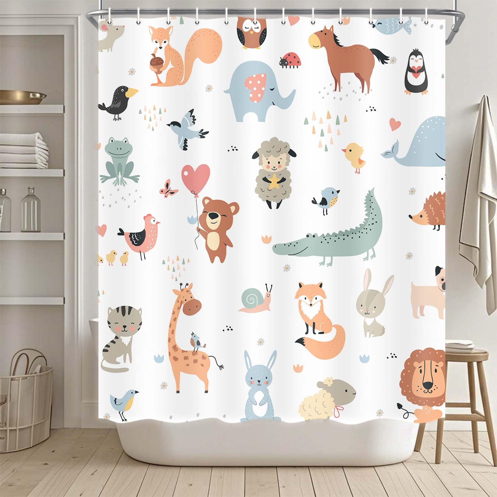 Animal Shower Curtain for Kids, Boho Tropical Animals Shower Curtains Nursery Giraffe Crocodile Hippo Zebra Monkey Cartoon Bath Curtains, Waterproof