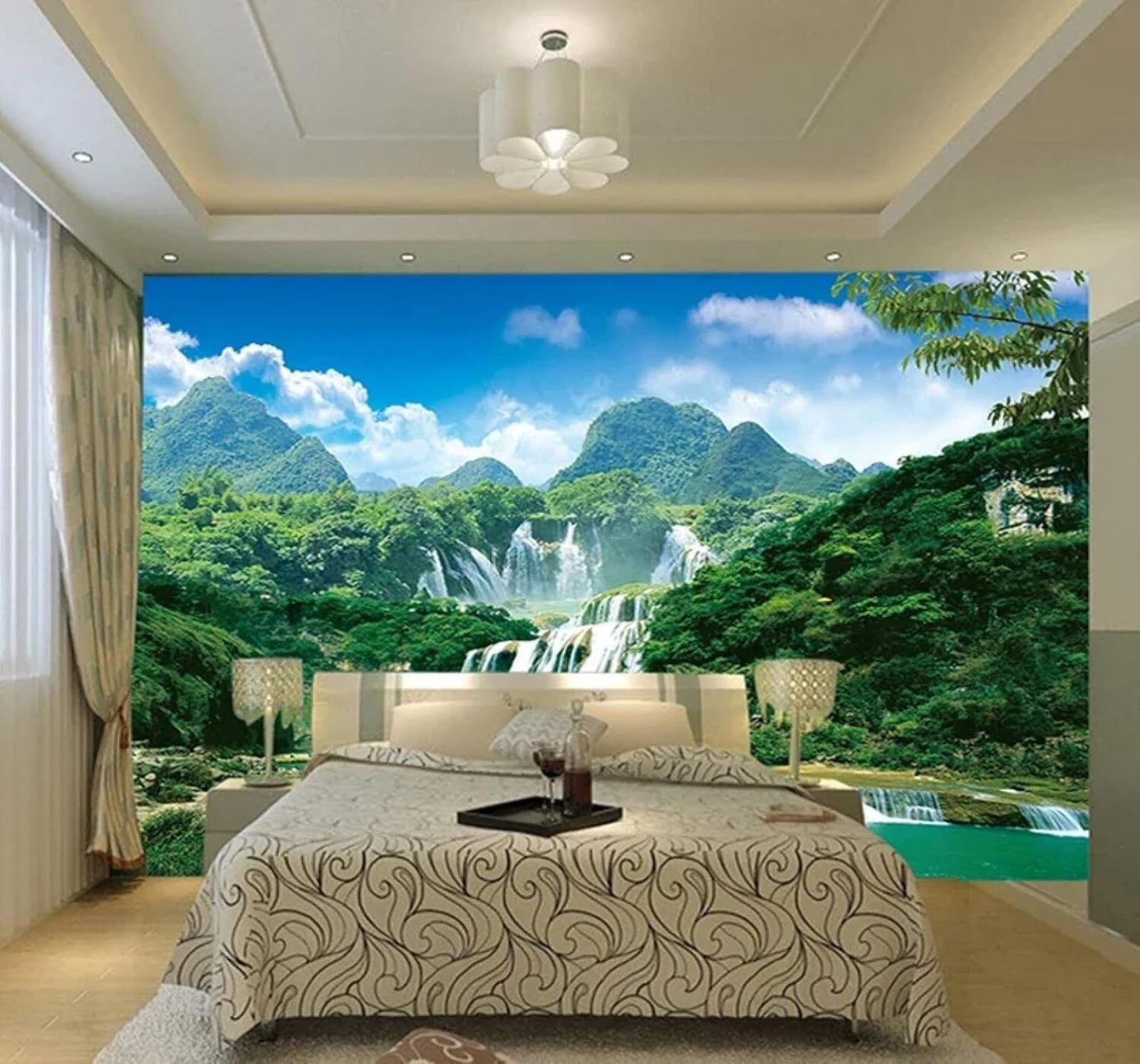 XLMING Fresh Green Landscape Waterfall Scenery 3D Wallpaper Premium Textured Silk Study Dining Living Room Bedroom Sofa TV Wall Easy Install-430cm×300cm