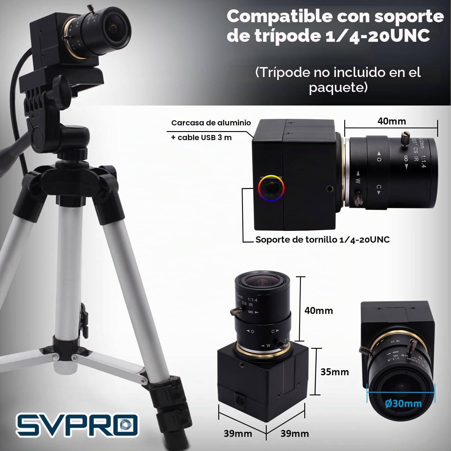 Svpro Cámara web USB 5 MP 30 fps objetivo zoom 2,8 – 12 mm IMX335 para monitoreo de máquina de baja luz, PC, portátil, UVC Plug-in Webcam para Windows, MacOS, Linux