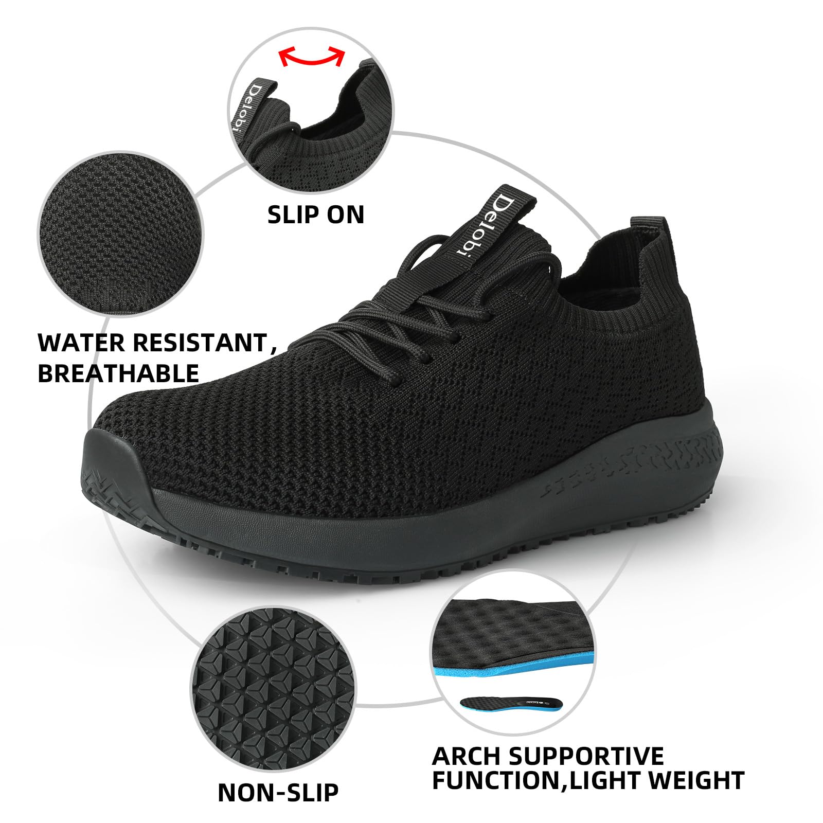 Delobi Non Slip Shoes for Women Food Service Work Shoes Restaurant Slip Resistant Hospital Walking Sneakers Breathable Lightweight Lace Up Shoes Black