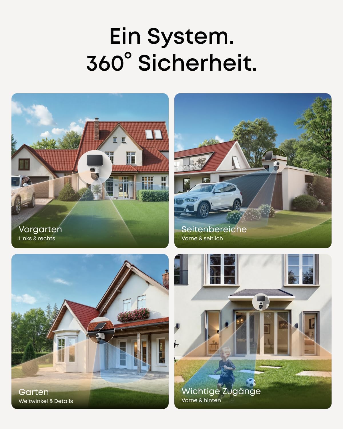 eufyCam S4 4‑Kamera‑Set, kabellose Solar‑Überwachungskamera außen, 3‑Linsen Bullet‑PTZ‑Kamera, 4K UHD, 360° Multi‑Kamera‑Tracking, Auto‑Tracking, 8× Hybridzoom, Farbnachtsicht, 16TB lokaler Speicher