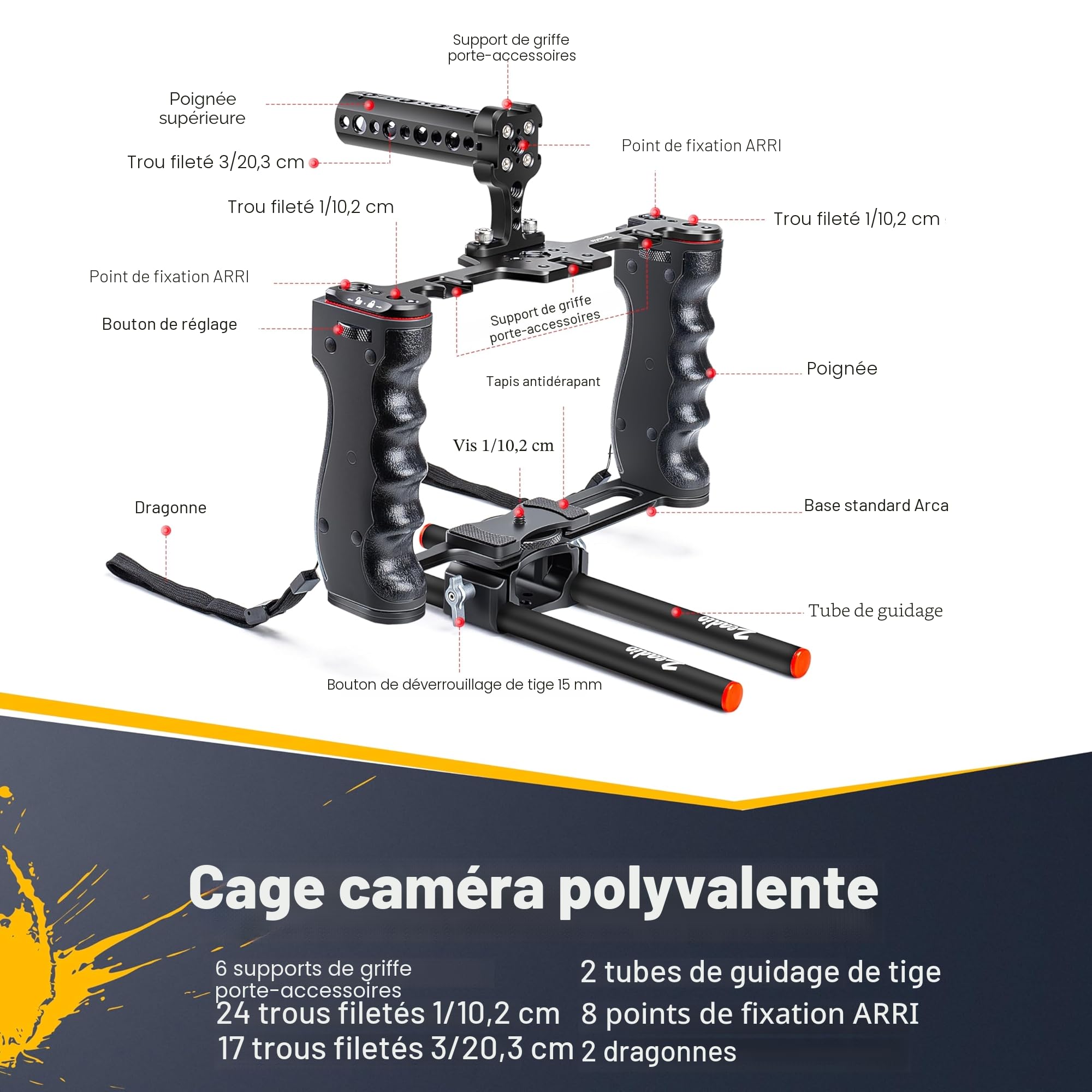 Zeadio Cage de rig vidéo pour Appareil Photo, kit de réalisation de Films avec poignée supérieure et Base de Type Arca & Guide de Tige, Compatible avec Tous Les caméscopes Reflex numériques