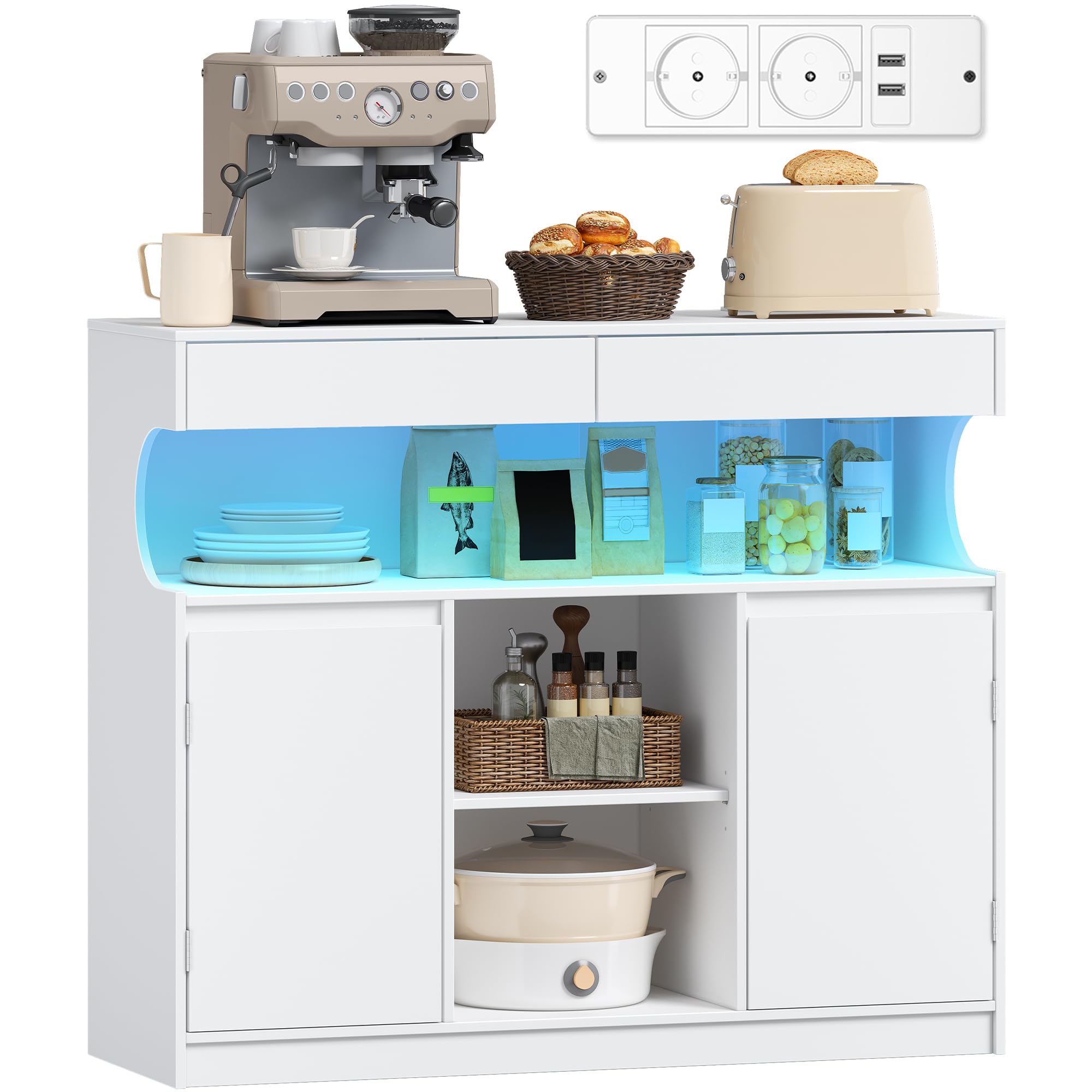 Hzuaneri Sideboard, Küchenschrank mit Steckdosenleiste und LED-Licht, Buffetschrank, 2 Schubladen und 2 Türen, Verstellbaren Regalen, Esszimmer, Küche, 35 × 100 × 85cm, Weiß SC64903X