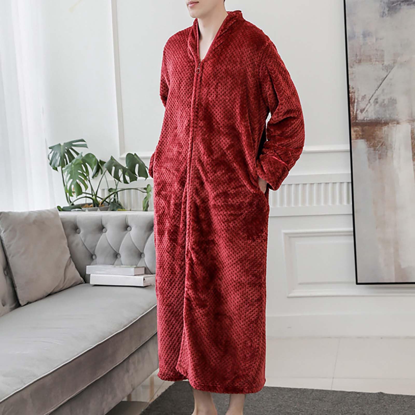 Accappatoio da donna con cerniera, leggero M-XL, vestaglia taglie lunga in pile | Pigiama da donna con scollo a V, con tasche, tinta unita, delicato sulla pelle