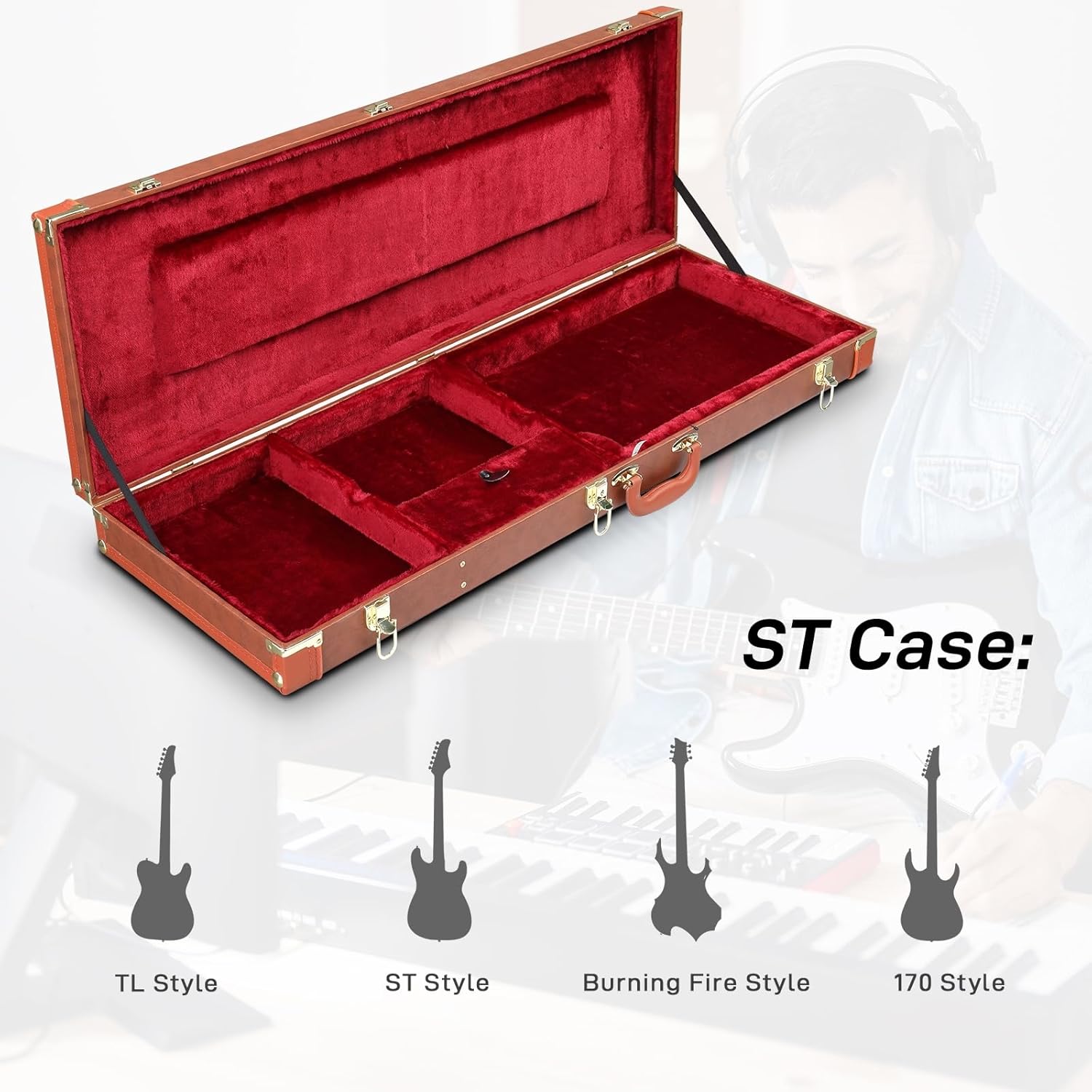 41-Inch Electric Guitar PU Hardshell Case, Plush Uimura, Portable Carrying Case, Lockable, Rugged (Brown)