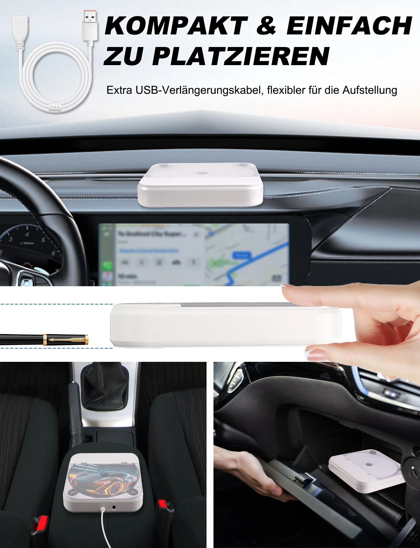Auto CD Player Laufwerk mit USB-Anschluss - Extern Universal CD Player für Auto PKW LKW, Extra USB-Verlängerungskabel, Externes CD Laufwerk für Laptop, PC, Fernseher, kompatibel mit Android Autoradio
