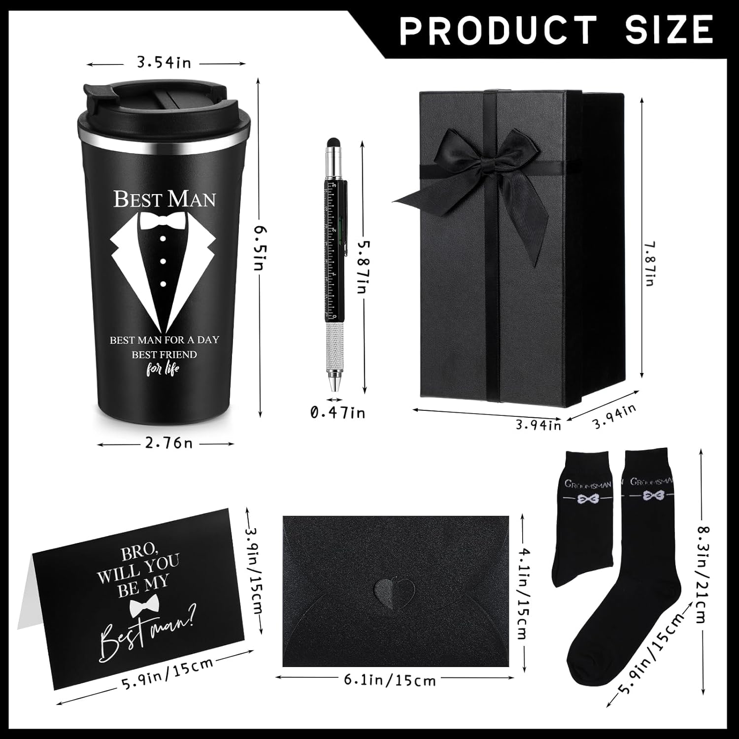 Nuanchu 6 Pcs Best Man Gifts Wedding Proposal Gift for Best Man Groomsman 17oz Office Cup Tumbler Socks Multi Tool Ballpoint Pen with Greeting Card Envelope(Black)