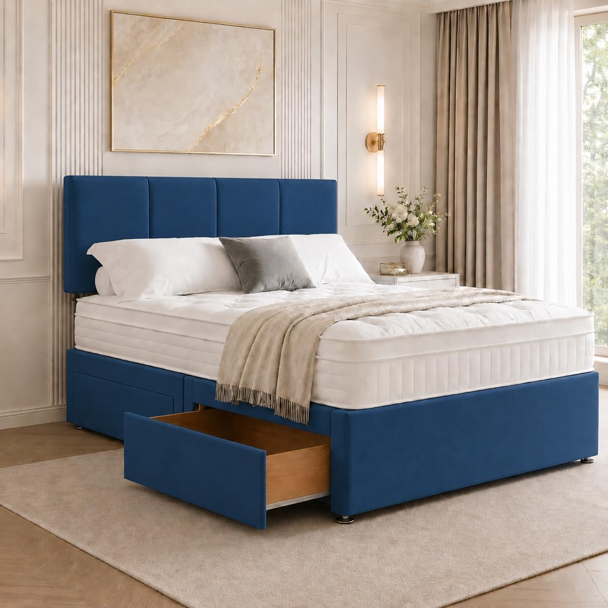 Sleep Tailors Single Bed With Storage 2 Drawers, Plush Velvet 3FT Divan Bed Frame 54cm Headboard Single Bed With Drawers (Blue)