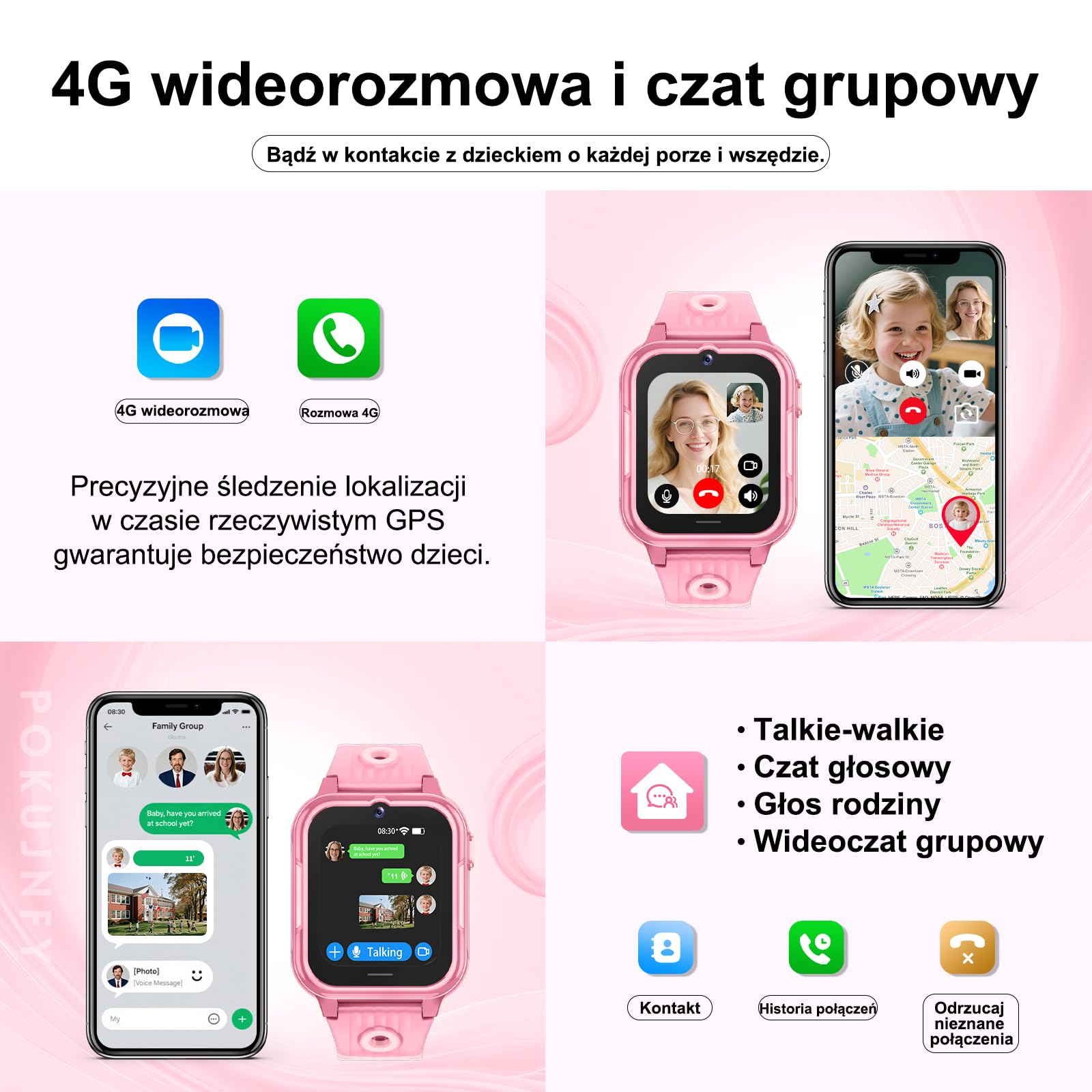 4G smartwatch dla dzieci z GPS wideorozmów SOS WhatsApp grami aparat krokomierzem trybem szkolnym budzikiem wodoodporny cyfrowy zegarek na prezent dla dziewczynek chłopców w wieku