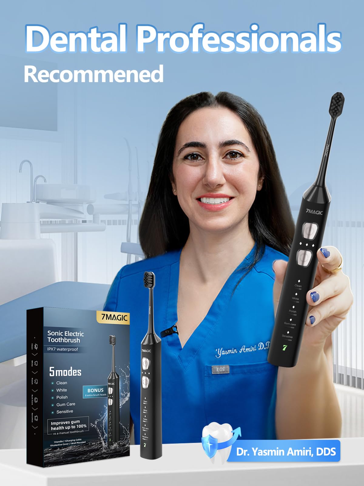7MAGIC Sonic Electric Toothbrush for Adults and Kids - Up to 180 Days Runtime, 42000 VPM Powered Toothbrush, 5 Modes & 3 Intensities for Sensitive Teeth & Braces, Includes 8 Brush Heads, Black