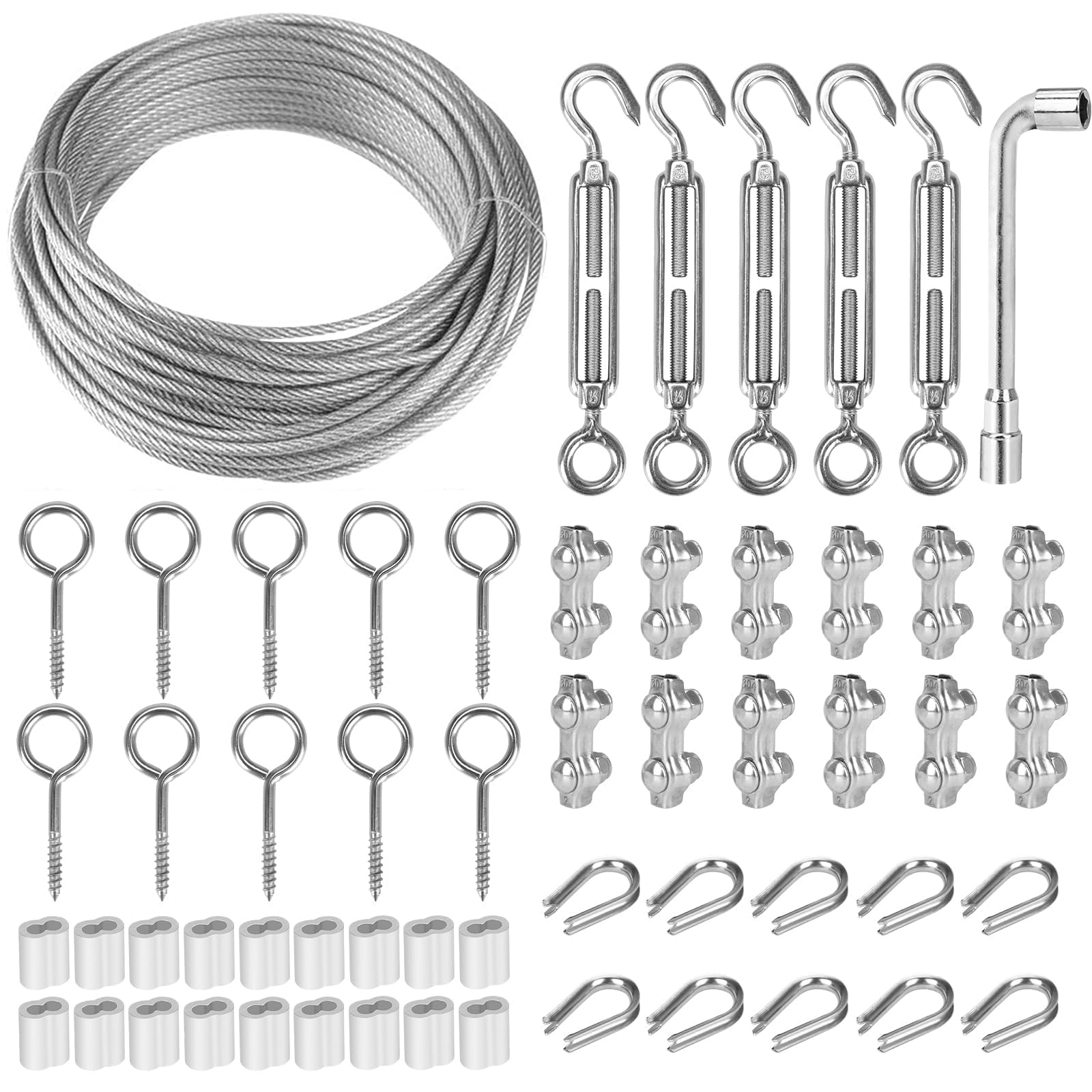 TooTaci Cable Acier 2mm/30M Corde en Acier Inoxydable à Suspendre Kit, 2mm Cable inox Gainé avec M5 Tendeurs Cable, œillets Crochets & Serre Cable, Kit de 2mm Câble Métallique pour Plante Grimpante