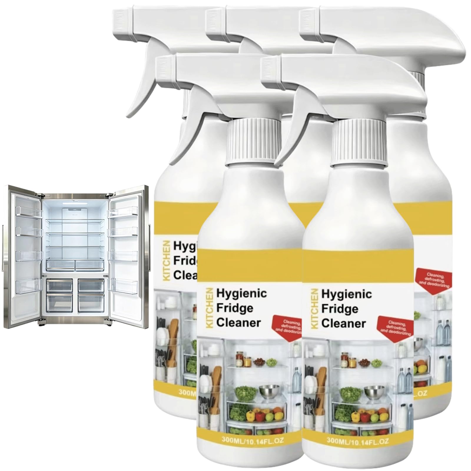 Limpiador de frigorífico en aerosol con aroma fresco de limón y limpiador de frigorífico en el interior,cocina con olor a frigorífico Nettoyant Brume,seguro para sellos y estantes de vidrio (5 piezas)