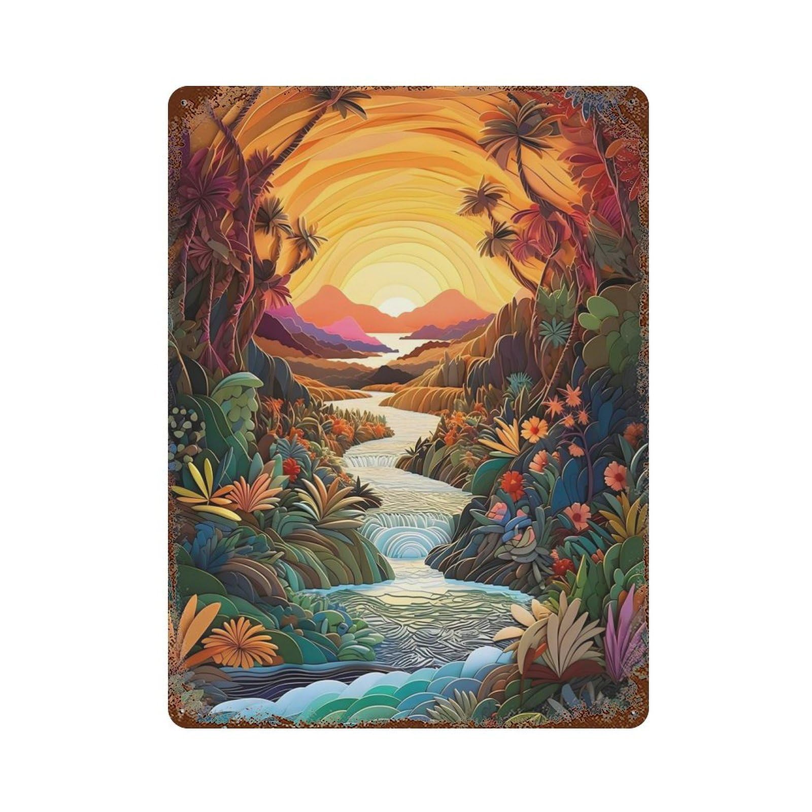 Sunrise over The River Rustic Tin Plaque 15.7"x11.8", Rustic Home Decor for Office, Studio And Wall Decor