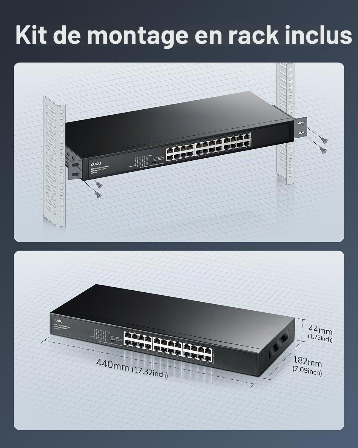 Cudy Commutateur Intelligent Gigabit à 24 Ports, 48 Gbit/s, GS1024E | 24 ports GbE, transfert à débit de ligne, isolation des ports/mode 250 m, boîtier SPCC, 440 × 180 × 44 mm, silencieux