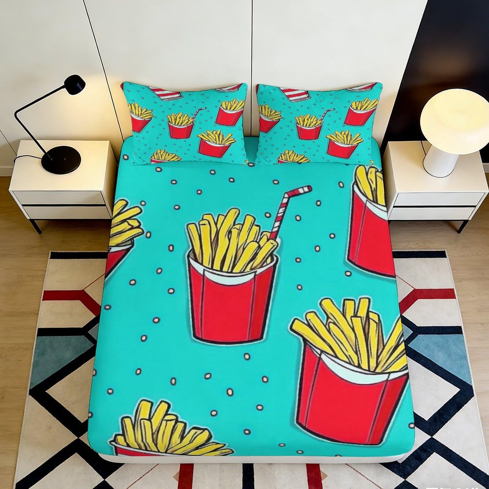 3D Printed French Fries Fitted Sheet Microfiber Cartoon Snack Bed Cover Turquoise Fun Bedroom Dorm Mattress Protector 90x200x25cm
