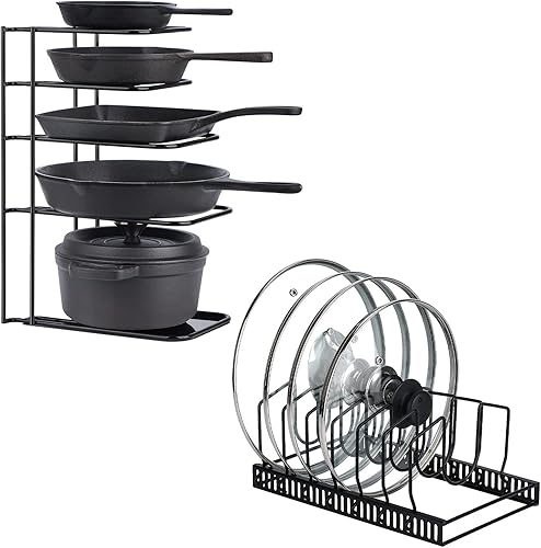 Toplife Estante organizador de más de 7 tapas de olla + estante organizador resistente de 5 niveles para sartenes de hierro fundido, planchas y ollas