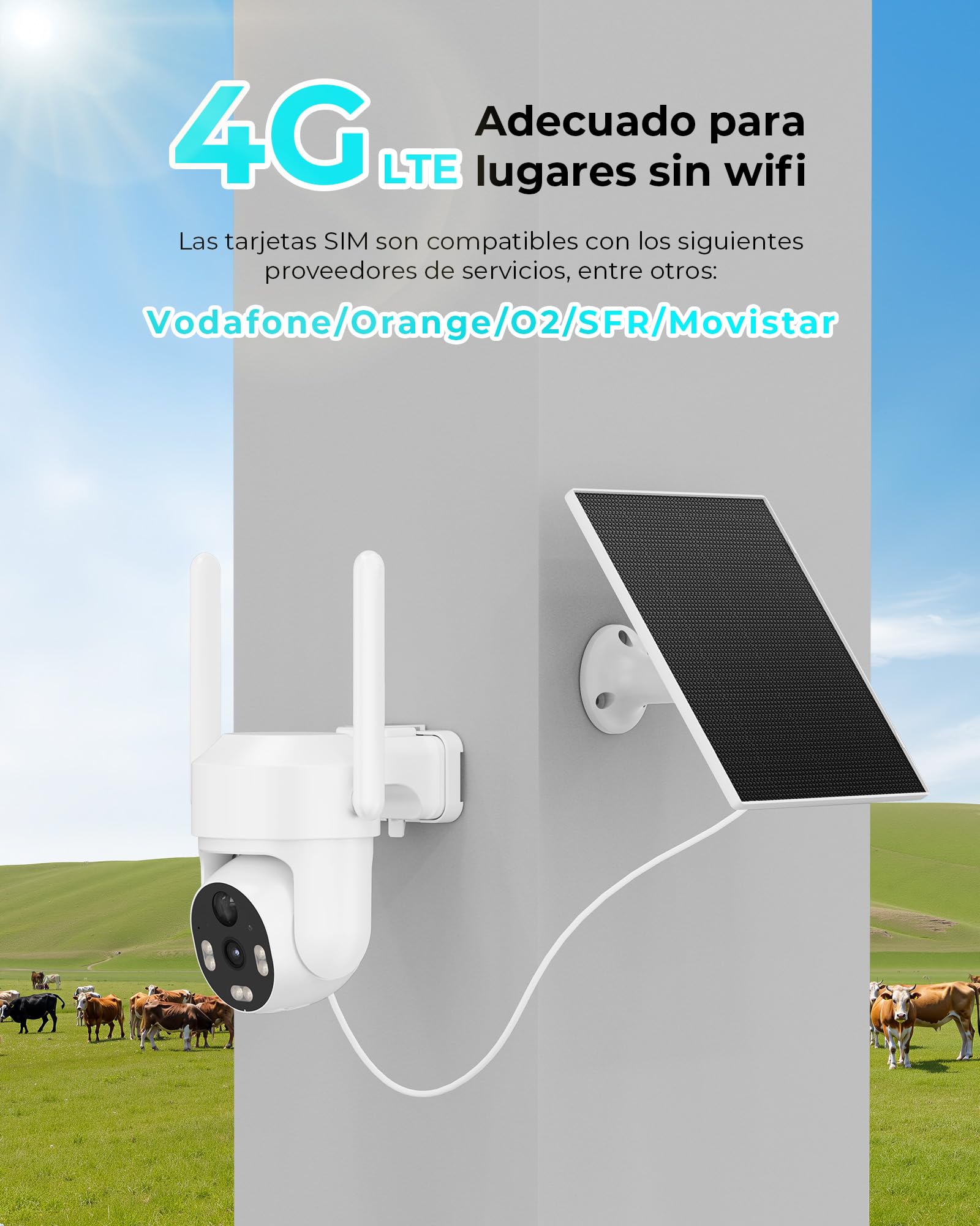 SEHMUA 4G LTE Camara Vigilancia Exterior con Panel Solar, 2K PTZ 355°/100° Camara Vigilancia con Tarjeta Sim sin WiFi, Detección Humana PIR, Color Visión Nocturna, IP66, Audio de Dos Vías, 2 Unidad