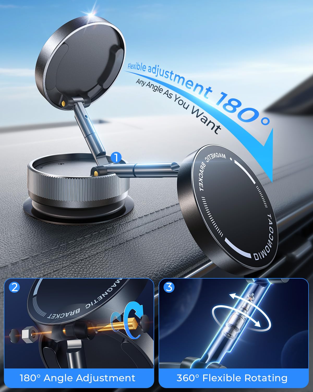 ILKCC Vacuum Suction Magnetic Phone Holder, 2025 Upgraded Vacuum Suction Cup Mount For Magsafe, 360° Adjustable Foldable Portable Magnetic Car Phone Stand For Cars/Gyms/Mirrors/Smooth Surface (Black