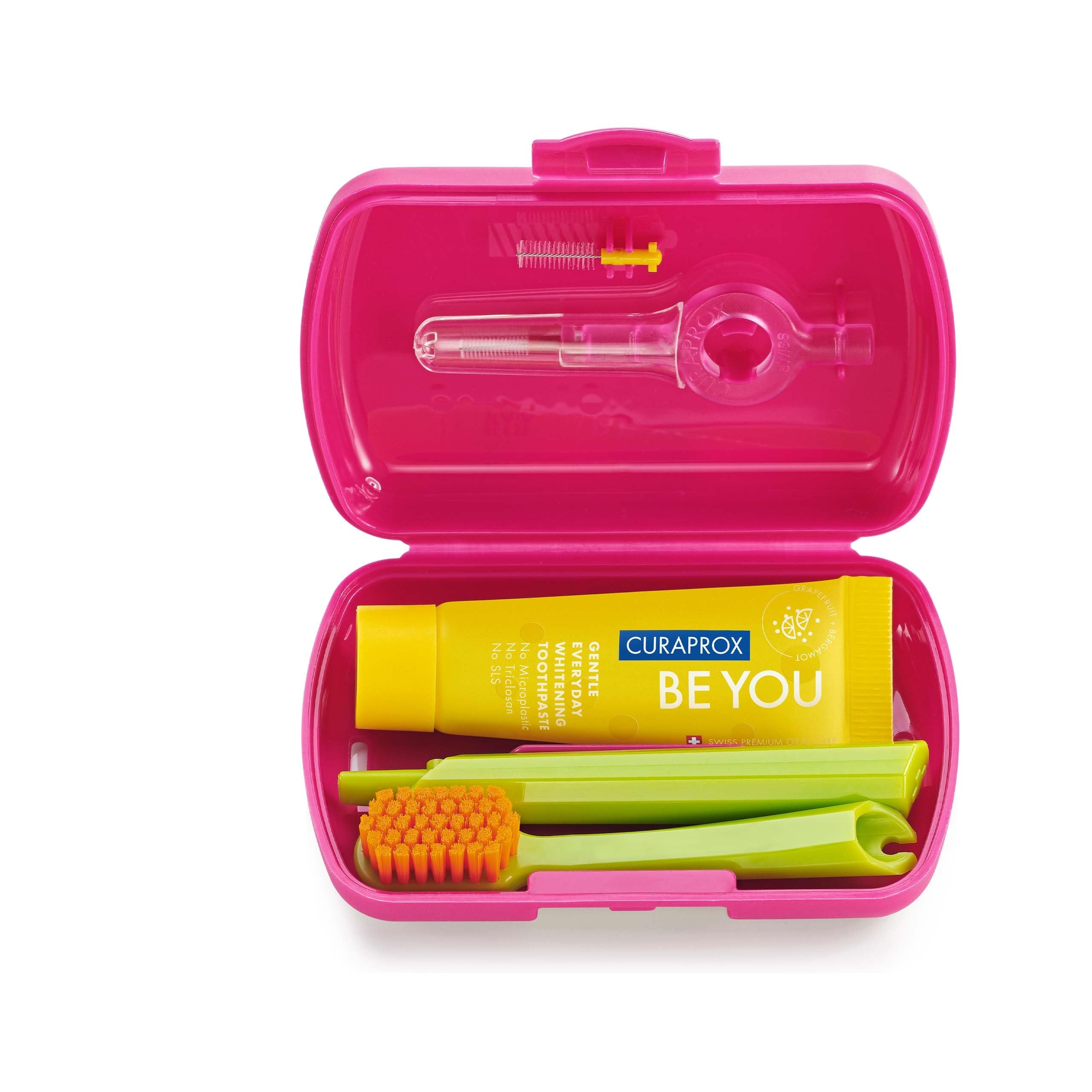 Curaprox Reiseset: CS 5460 Reisezahnbürste, Be You Zahnpasta und Interdentalbürsten – Travel-Set (9,5 x 6 cm), magentarot