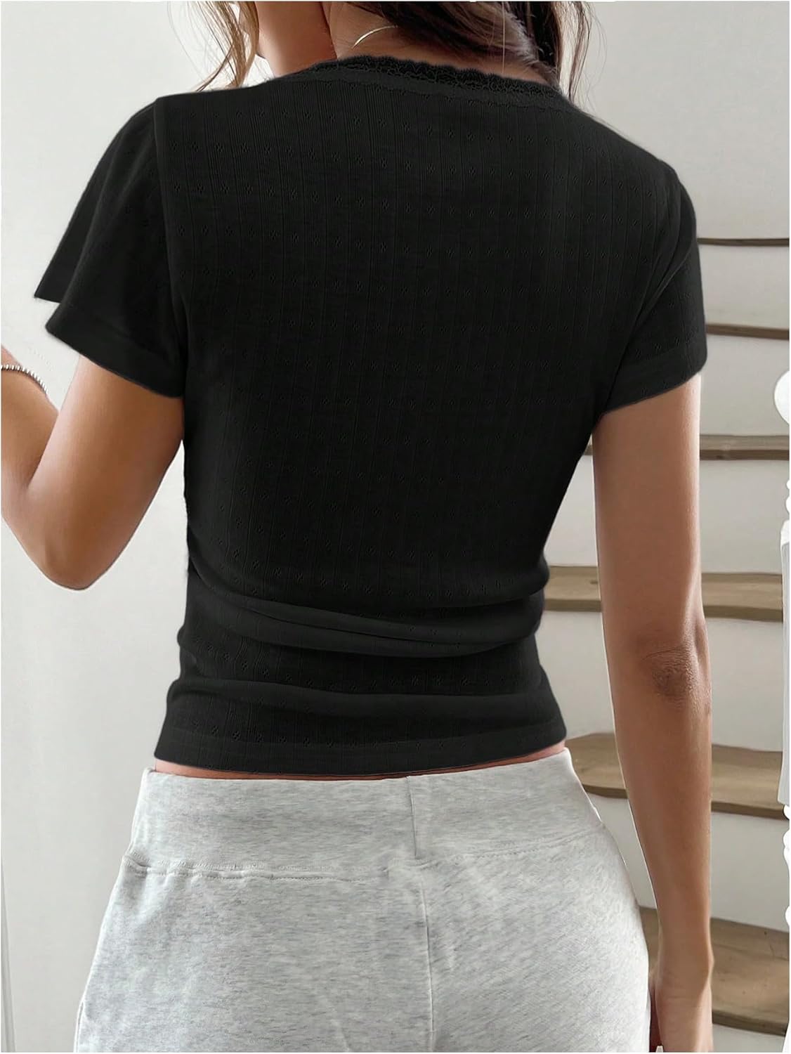 SOLY HUX Women's Lace Trim T Shirt Square Neck Short Sleeve Button Tee Going Out Summer Tops - Image 2