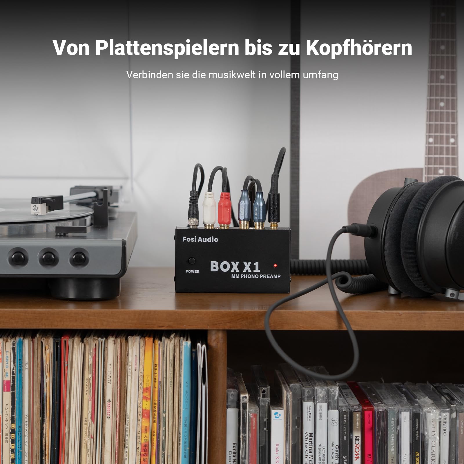 Fosi Audio BOX X1 Phono Vorverstärker für MM-Plattenspieler mit 3,5MM Kopfhörer und RCAAusgang, Mini PhonVorverstärker mit Ein-/Ausschalter für Phonographen/Plattenspieler, DC12V Netzteil inbegriffen