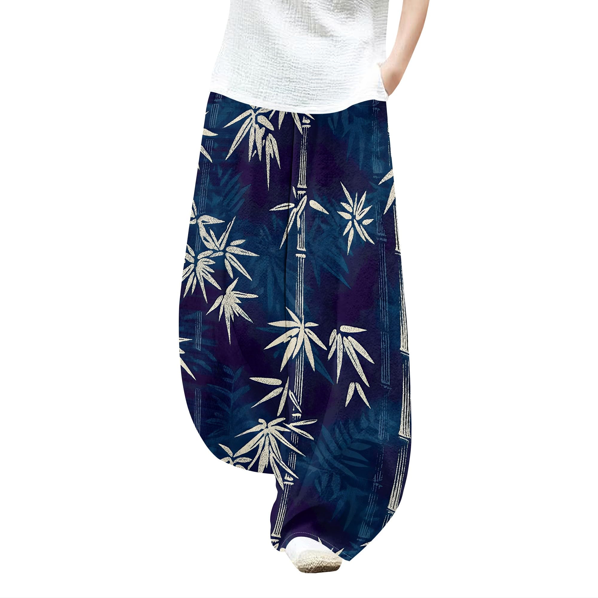 Womens Summer Palazzo 2025 Fashion Wide Leg Plus Size Pants Woman Cotton Linen Floral Print Vintage Baggy Beach Trousers