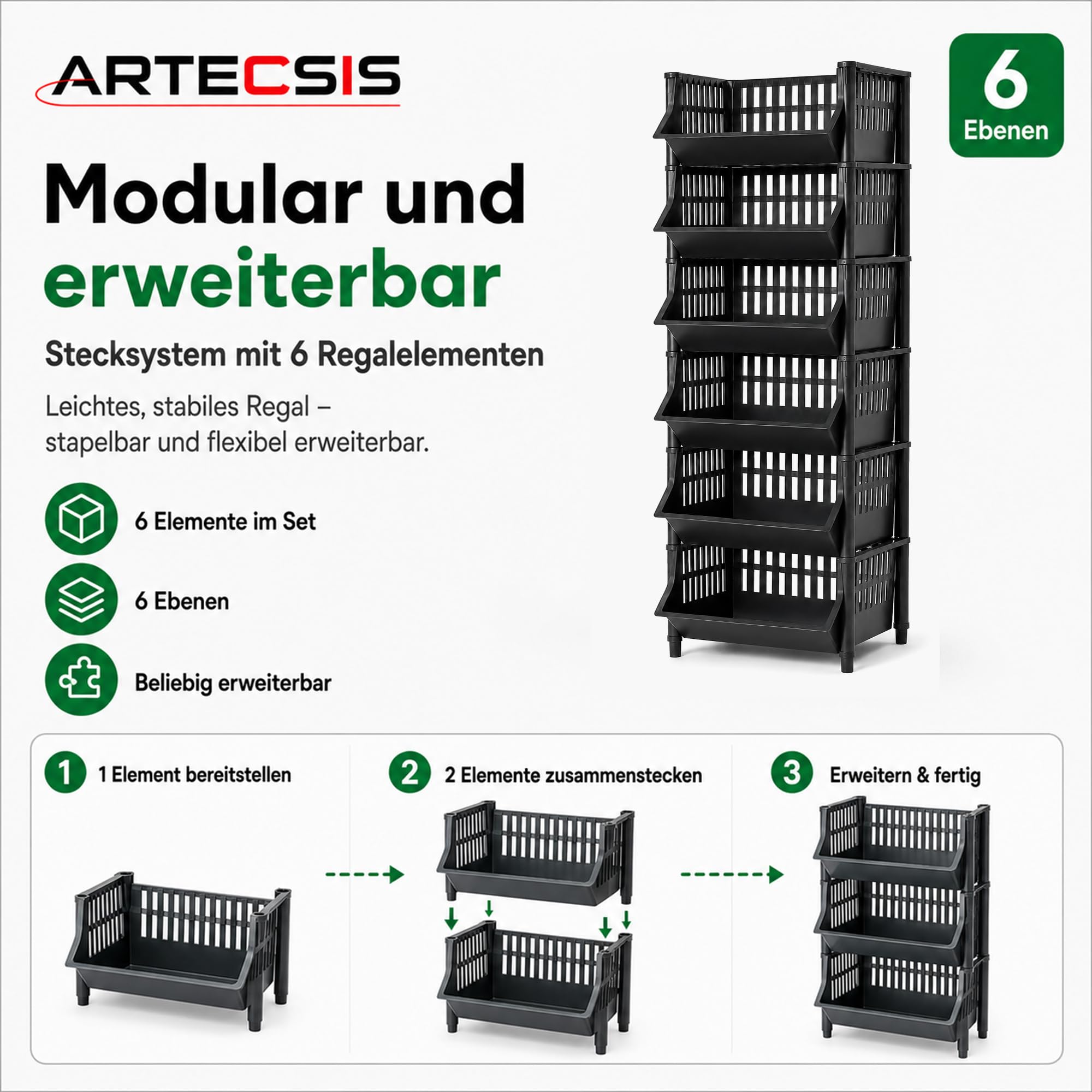 ARTECSIS® Korbregal aus Kunststoff mit 12 Körben stapelbar & modular erweiterbares Stecksystem schwarz 110cm hoch - Kellerregal & Vorratsregal für Lagerung - Abstellraum Steckregal & Lagerregal