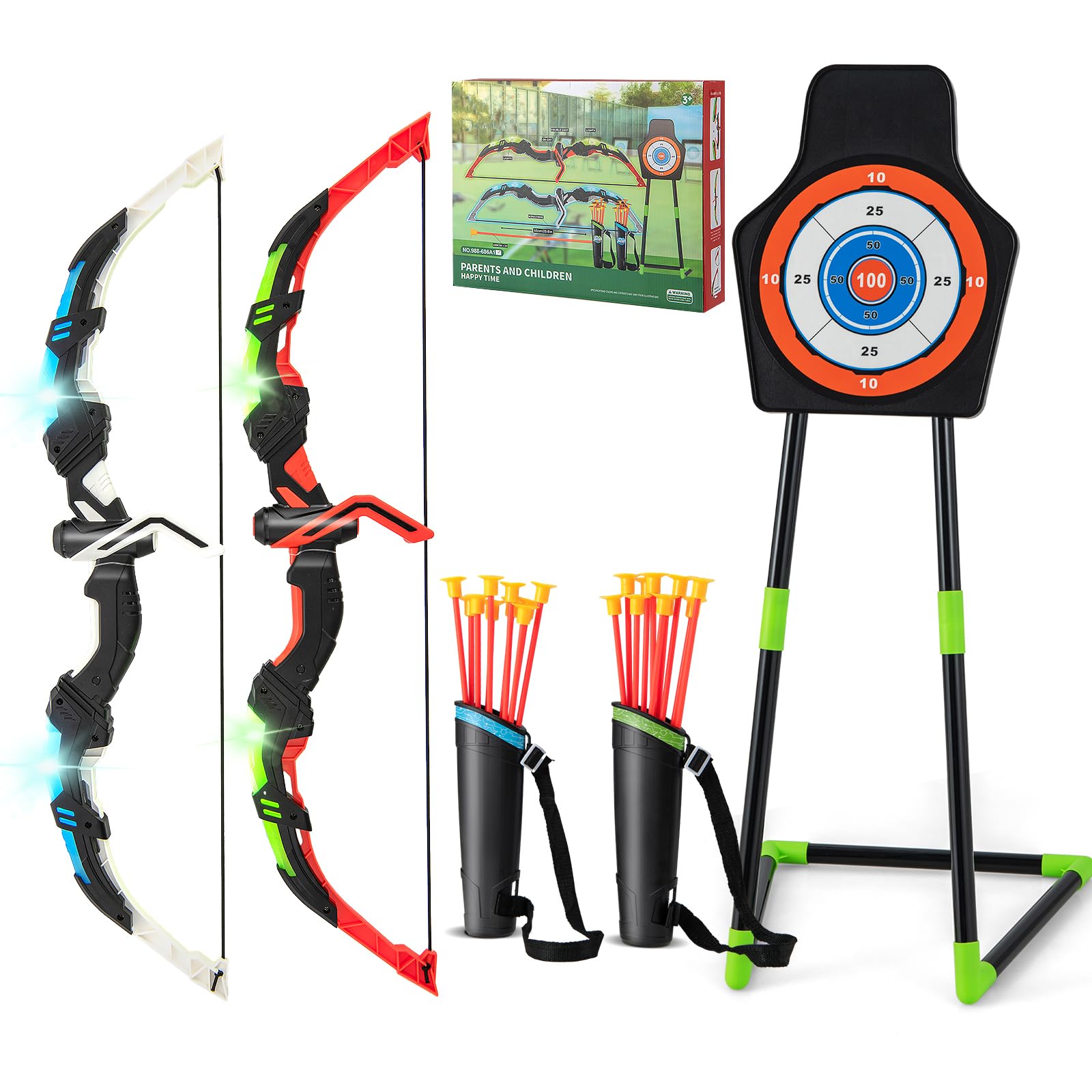GLACER Kids Bow and Arrow Set, LED Light Up 2 Pack Archery Set with 20 Suction Cup Arrows, 2 Quivers, 2 Bows, Hanging & Standing Target, Indoor Outdoor Toys, Gift for Boys Girls Aged 3-12