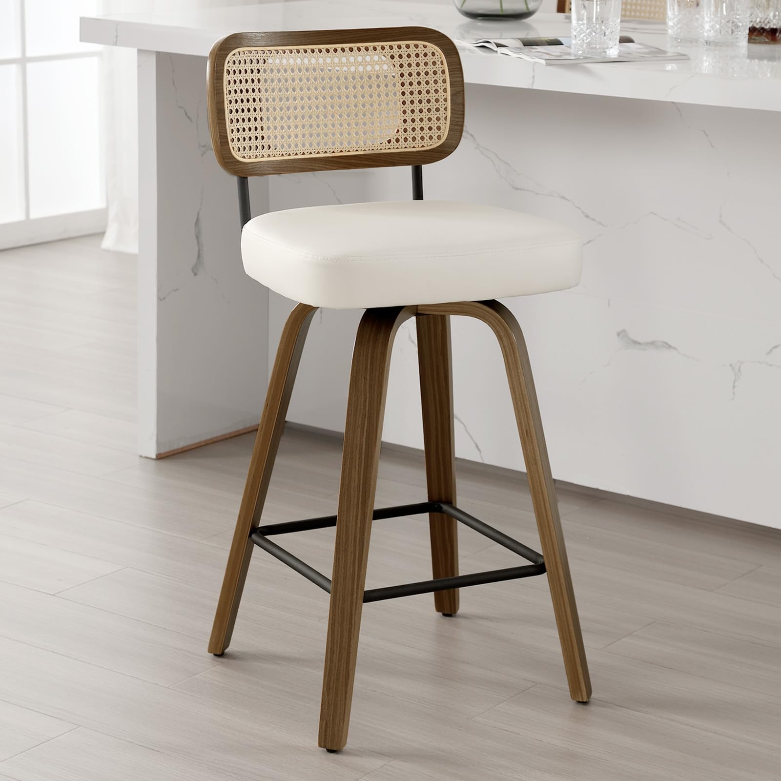 Bekrvio Swivel Counter Height Bar Stools, Upholstered Faux Leather Barstools with Rattan Back, 26" Seat Height Bar Chairs for Kitchen Island, Bentwood