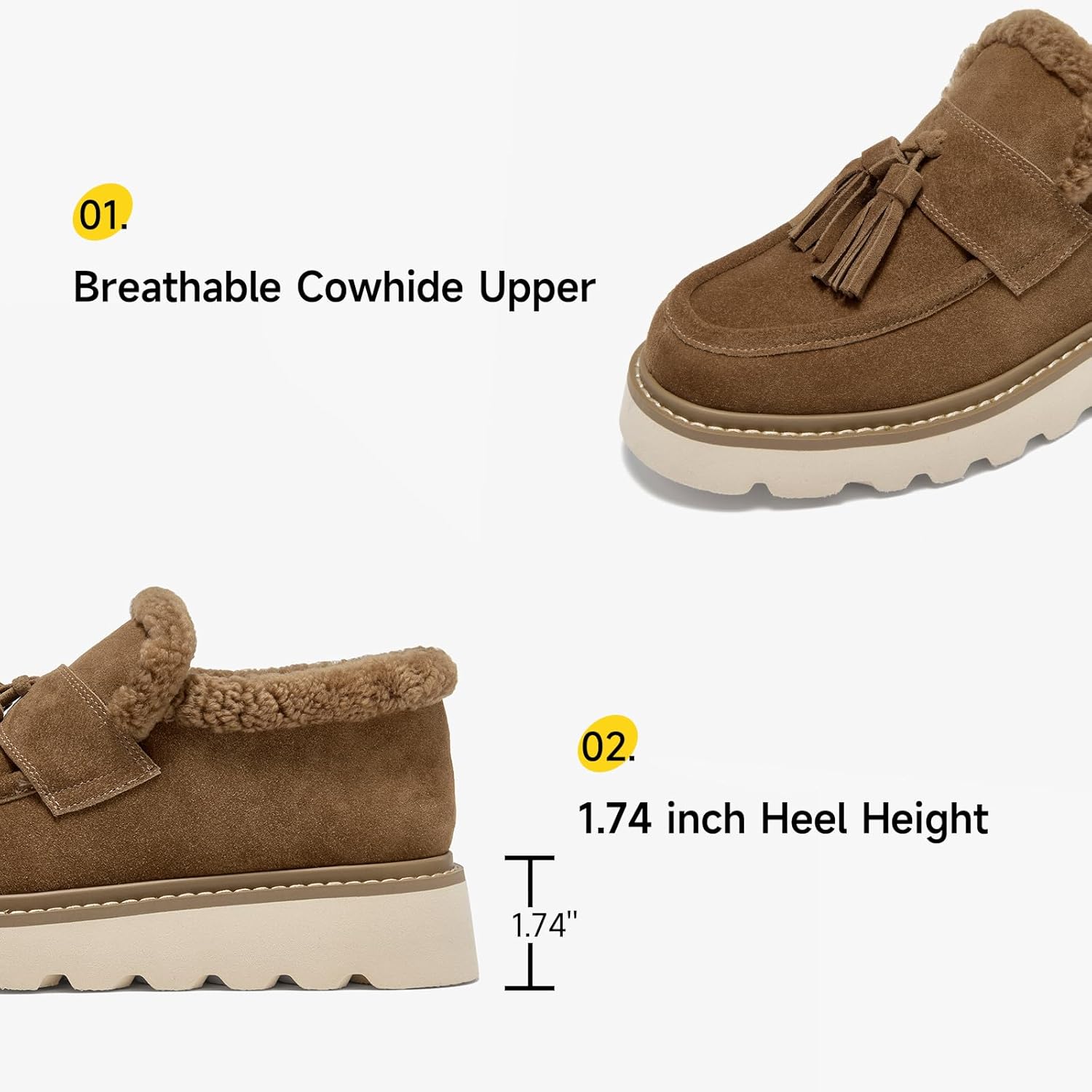 BEAU TODAY Fur Lined Platform Tassel Loafers for Women,Chunky Winter Shoes for Women,Slip-on Leather Retro Tassel Loafers,Comfortable Work Office Casual Dress Boots - Image 2