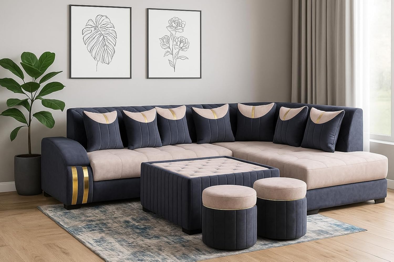 WOODREAM Right Facing Upholstered L Shape 7 Seater Sofa Set | Sectional Swed Fabric Sofa Set with Centre Table and 2 Puffy Ottomans for Living Room & Drawing Room, Grey and Cream