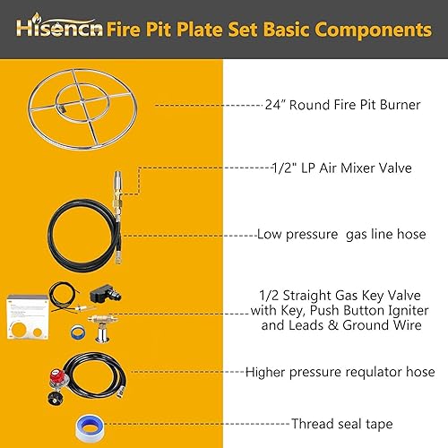 Miniatura 2 de Hisencn Kit de anillos para quemador de fogata de 24 pulgadas, acero inoxidable 304, redondo con encendido por chispa y manguera de propano para