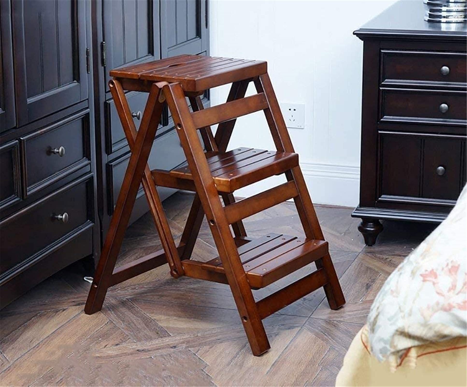 Escabeau en bois massif portable : tabouret pliant 3 marches et marchepied de sécurité