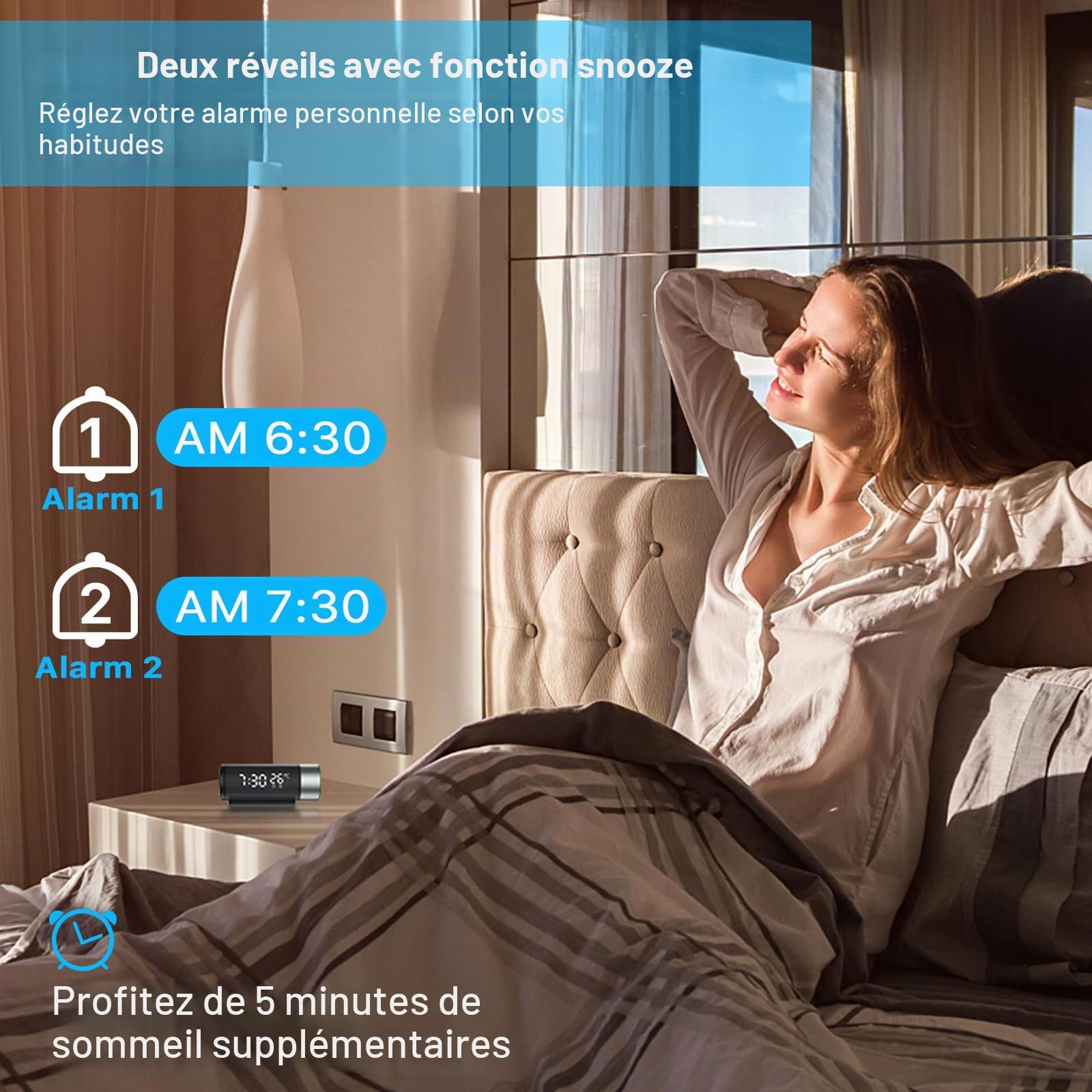 Reveil Projecteur Plafond, Horloge Digitale Projecteur 180°,Réveil Projection avec Température, Snooze, Mode Nuit, Affichage 12H/24H,Luminosité Réglable, Horloge Numérique pour Chambre, Bureau