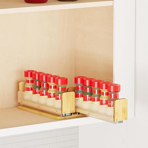 Miniatura 9 de SpaceAid - Organizador de especias extraíble de bambú para gabinete, organizador de condimentos deslizante y resistente para cocina y despensa,