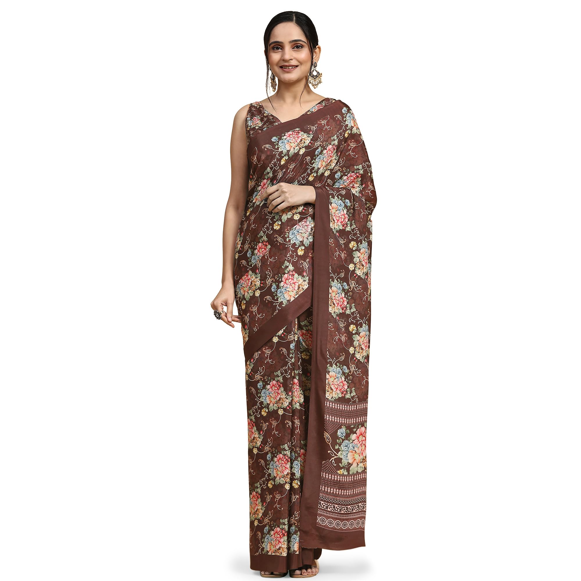 AARZAWomen's Digital Floral Print Satin Silk 5.5m Saree with 0.8m Unstitched Blouse Piece.