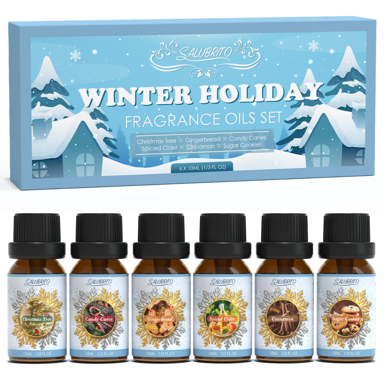 Winter Essential Oils Set, Premium Holiday Fragrance Oils Gift Set for Diffuser, Home, Candle, Soap Making, Cinnamon, Gingerbread, Candy Cane, Christmas Tree, Spiced Cider, Sugar Cookies