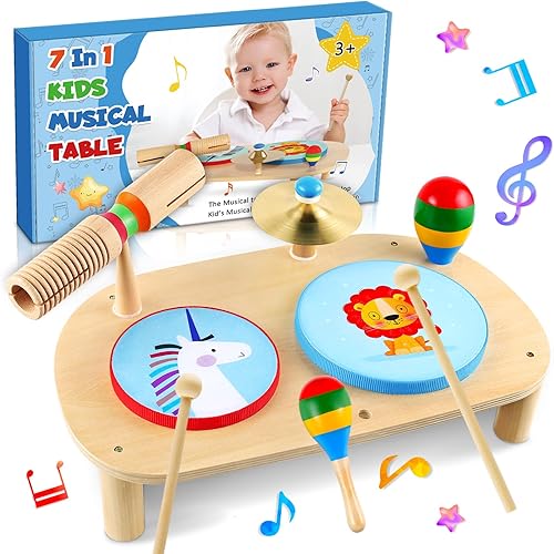 LOOIKOOS Juego de batería para niños, instrumentos musicales para bebés, juguetes para niños pequeños, kit de música de madera natural, juguetes