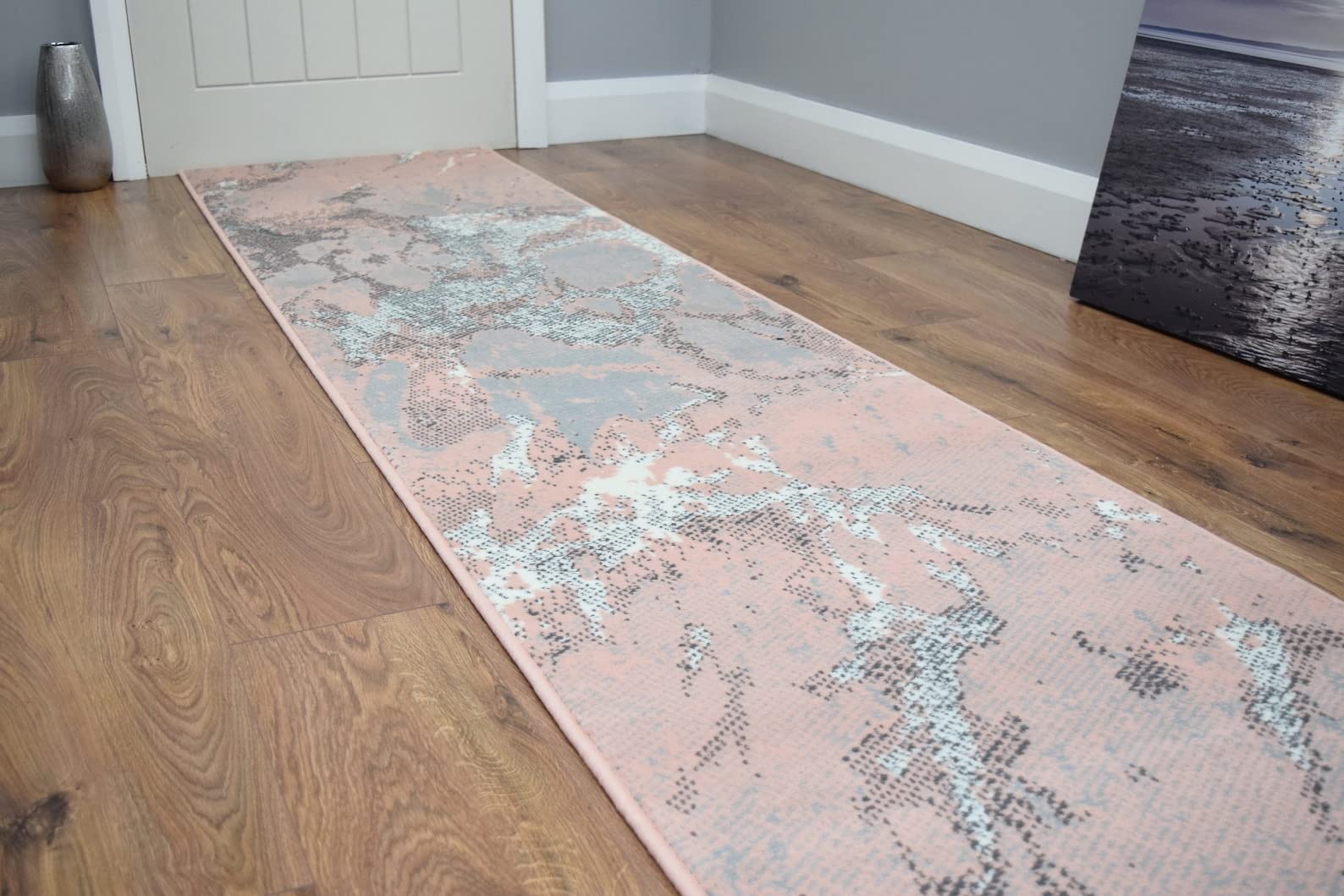 SrS Rugs® Luna Collection, Modern Long Carpet Runner Rug for Entrance Hall and Stairs. Smooth Soft 8mm Depth Pile. 70cm Wide. Any length (Pink Marble, Length: 21' (640cm)) — image 1