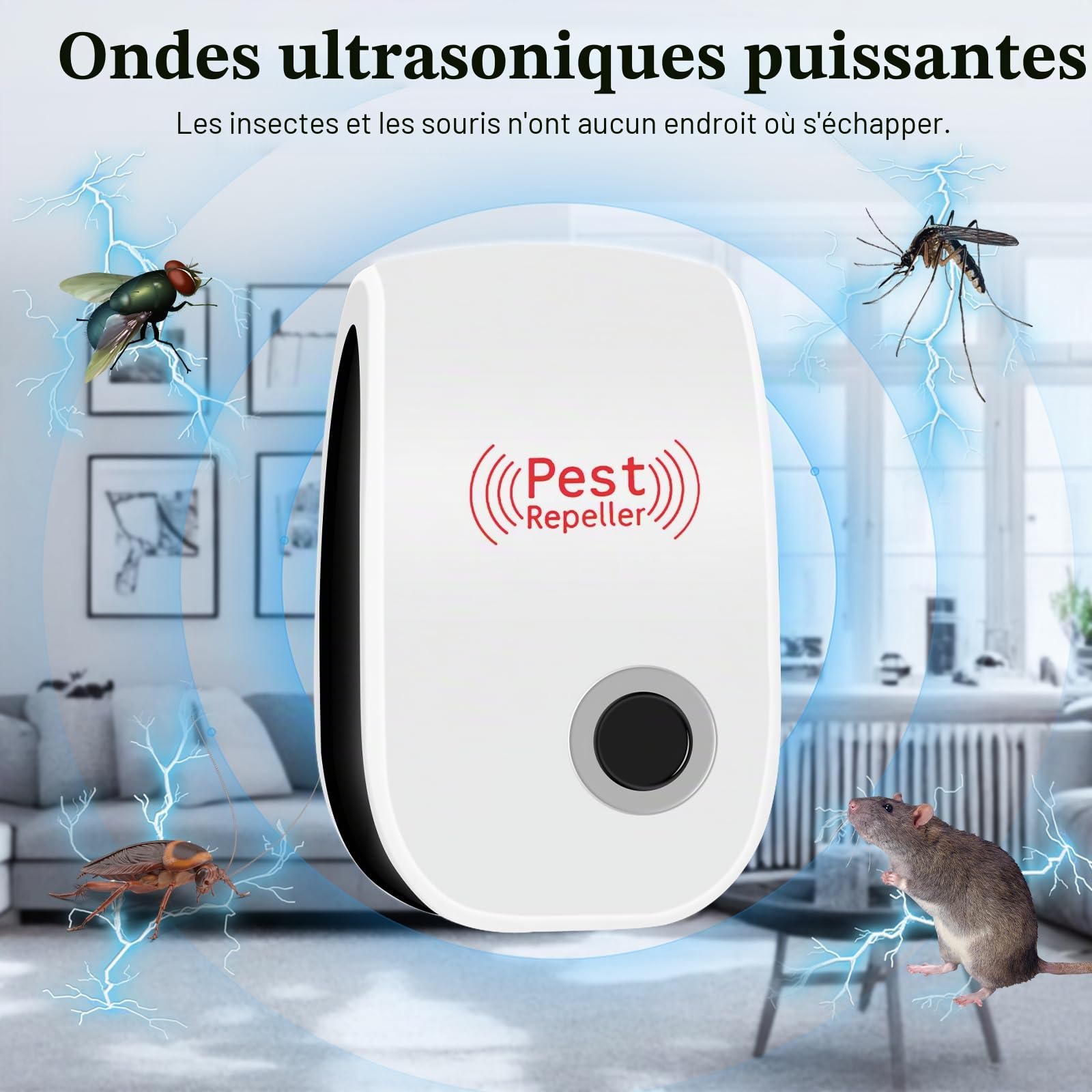 Répulsif Ultrason Anti-Rongeurs Insectes, 4 Pack Ultrason Anti Moustique, Répulsif Électronique Insectes, Rats, Araignées, Moustiques, Fourmis, Cafards