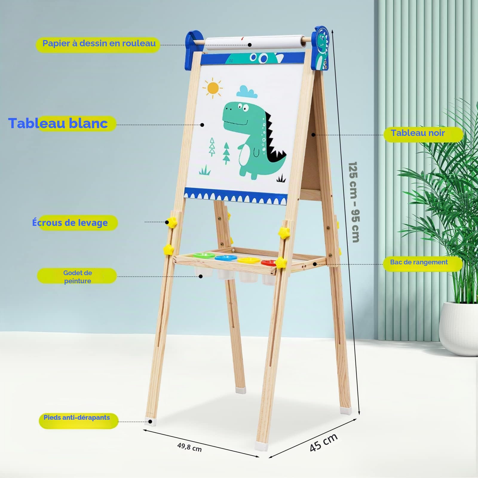 Chevalet Peinture Enfant,Tableau de Dessin Double Faces en Bois Pliable,Chevalet d'art Réglable en Hauteur avec Chiffres, Volutes et Autres Accessoires,Convient Enfant 2+ Ans(Dinosaure)