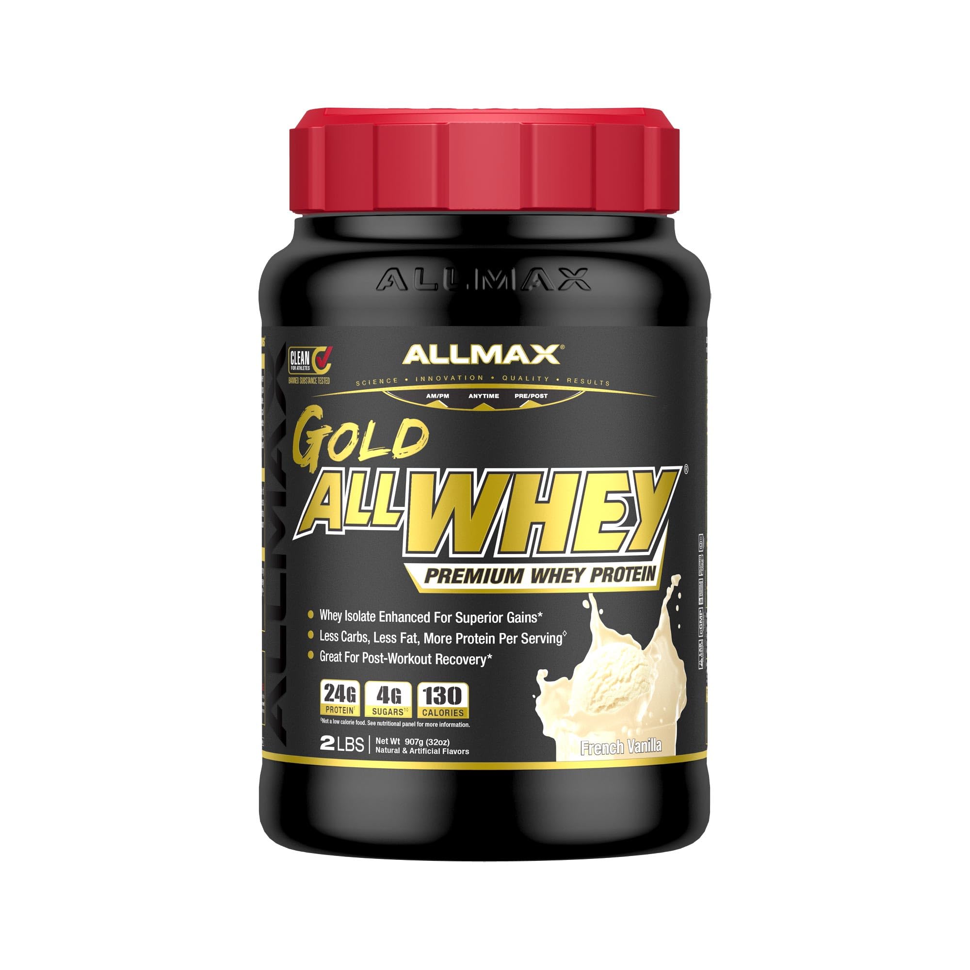 ALLMAX Gold ALLWHEY Whey Protein Powder, French Vanilla, 2 lb, 24g Protein Per Scoop, High Protein for Muscle Recovery, Lean Muscle Growth & Post Workout Nutrition, Gluten Free, 30 Servings