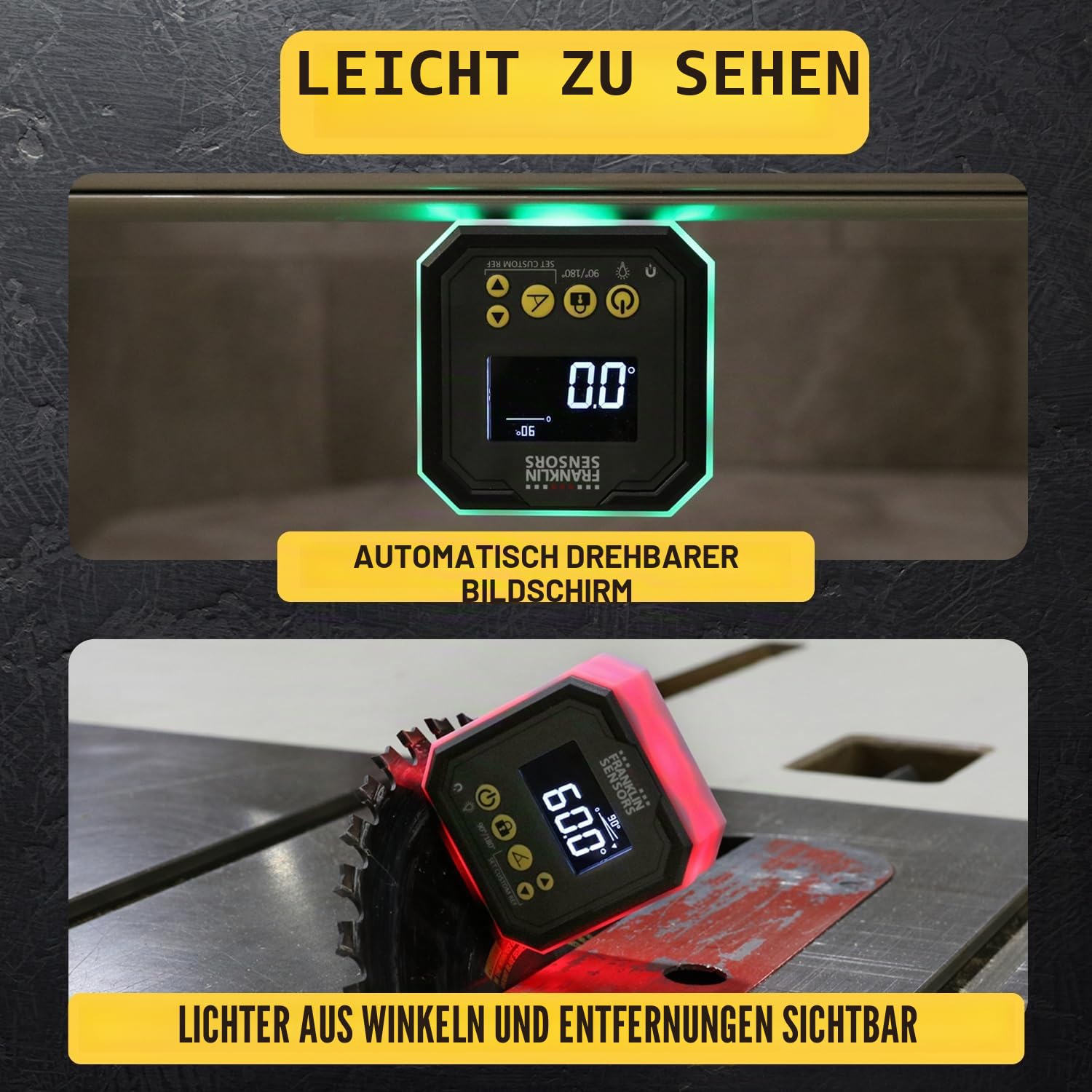 Franklin Sensors Lichtwürfel, digitales Winkellehre und Wasserwaage, wird grün, wenn Level und blau bei benutzerdefinierten Referenzwinkeln, findet und misst bei 0-90 und 0-180 Grad
