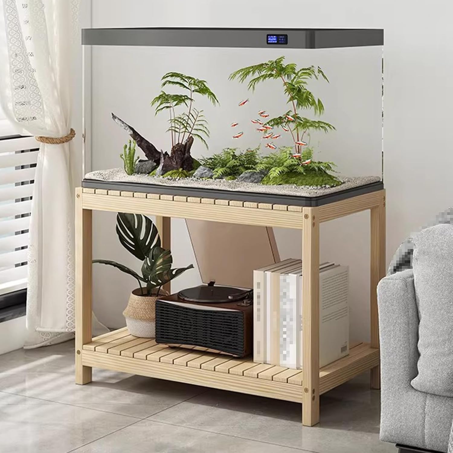 Wood Fish Tank Stand, 2 Tier Aquarium Stand with Storage Shelf, Reptile Tank Stand with Wide Countertop, for Home, Living Room, Office(Natural,50x40x50cm)