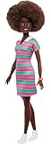 Barbie Fashionistas Doll #247 with Curly Black Hair, Pink and Green Striped Collared Dress with Accessories Like Orange Watch and White Sneakers